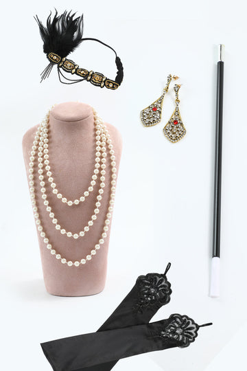 1920-tallet Flapper Black Golden Eight Pieces Tilbehør Set
